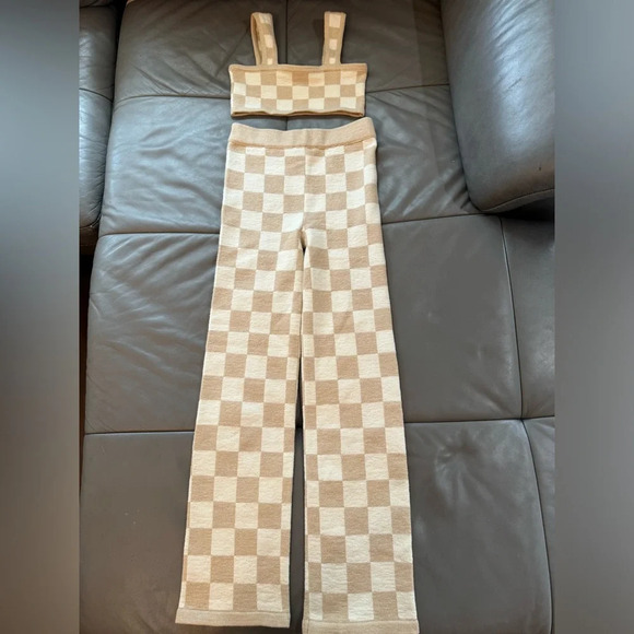 Belle the Label Checkered Knit Crop Top and Pant in Sand - Picture 8 of 14
